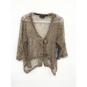 Nina Leonard Lagenlook Brown Beige Netted Bolero Vest Large Fancy Buttons NWT